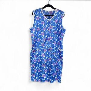 Vintage‎ 1960s House Dress Women's Plus Size 2XL Blue Floral White Button Front